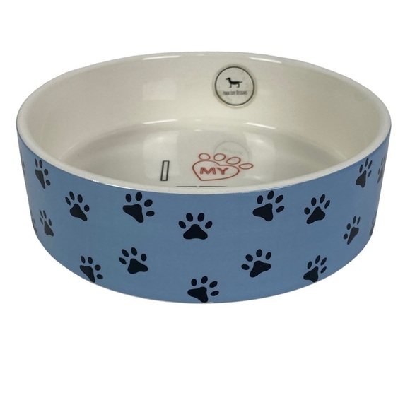 Park Life Designs Blue Black Paw Prints 6.5" Pet Bowl "I Love My Pet" Inside NEW - Picture 1 of 4